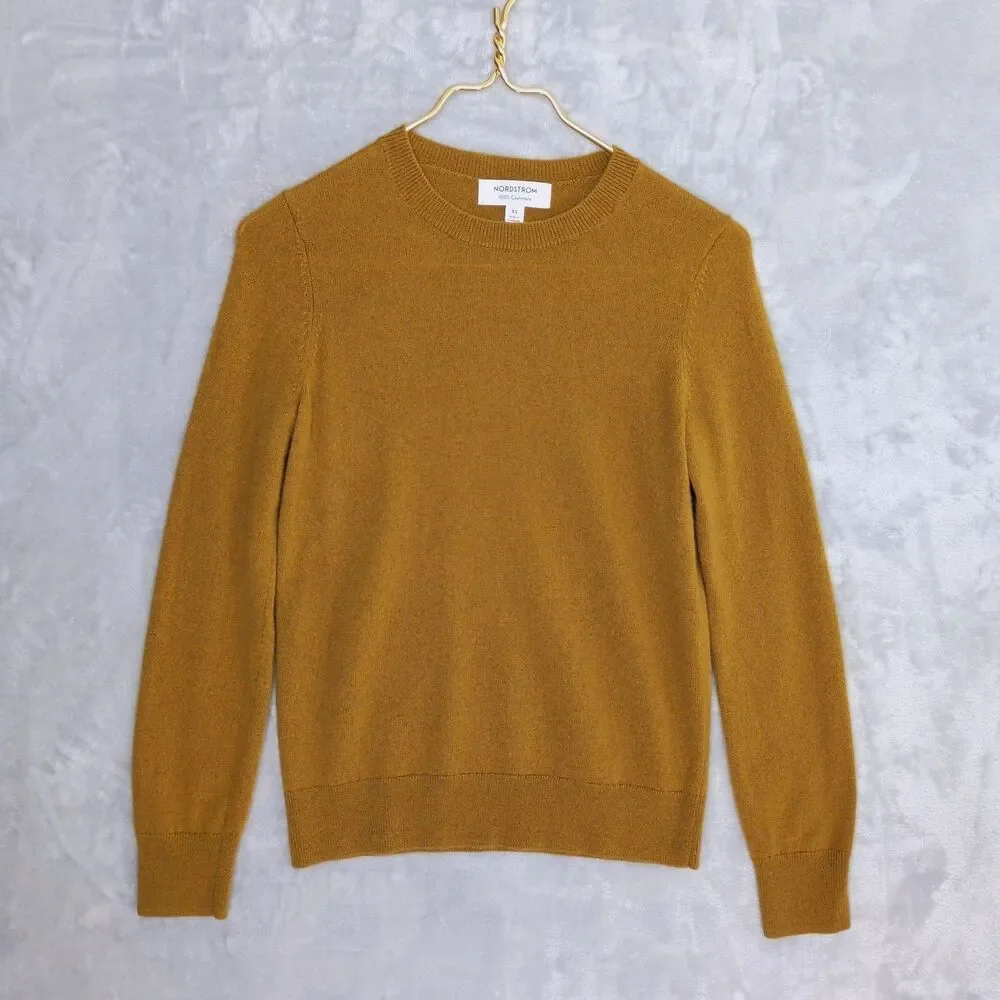 NORDSTROM Golden Yellow Cashmere Sweater Size XS Crew Neck Quiet Luxury Preppy